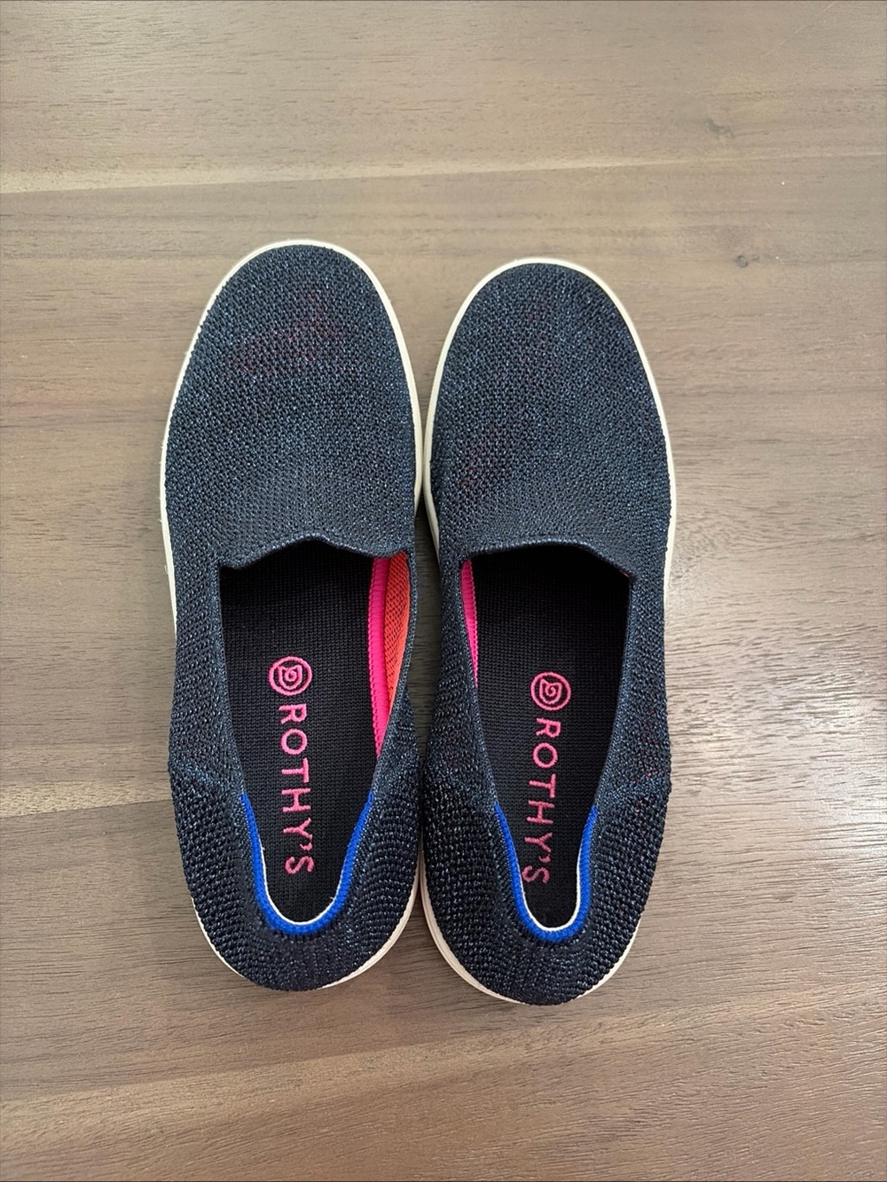 Rothy's shimmery Blue Knit Slip-On Flats with Pink Accents